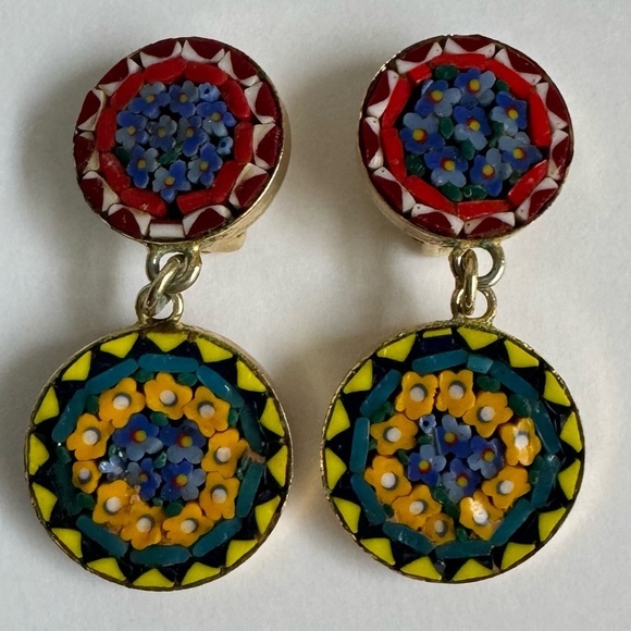 Micro Mosaic Intricate Dangle Earrings Clip-On Roma Italy Italian Vintage Glass - Picture 2 of 7